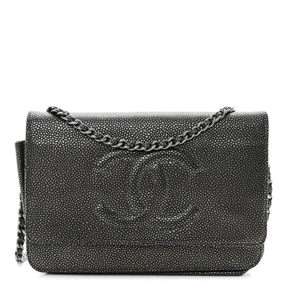 Chanel Metallic Caviar Timeless CC Wallet On Chain WOC Grey 1 of 11