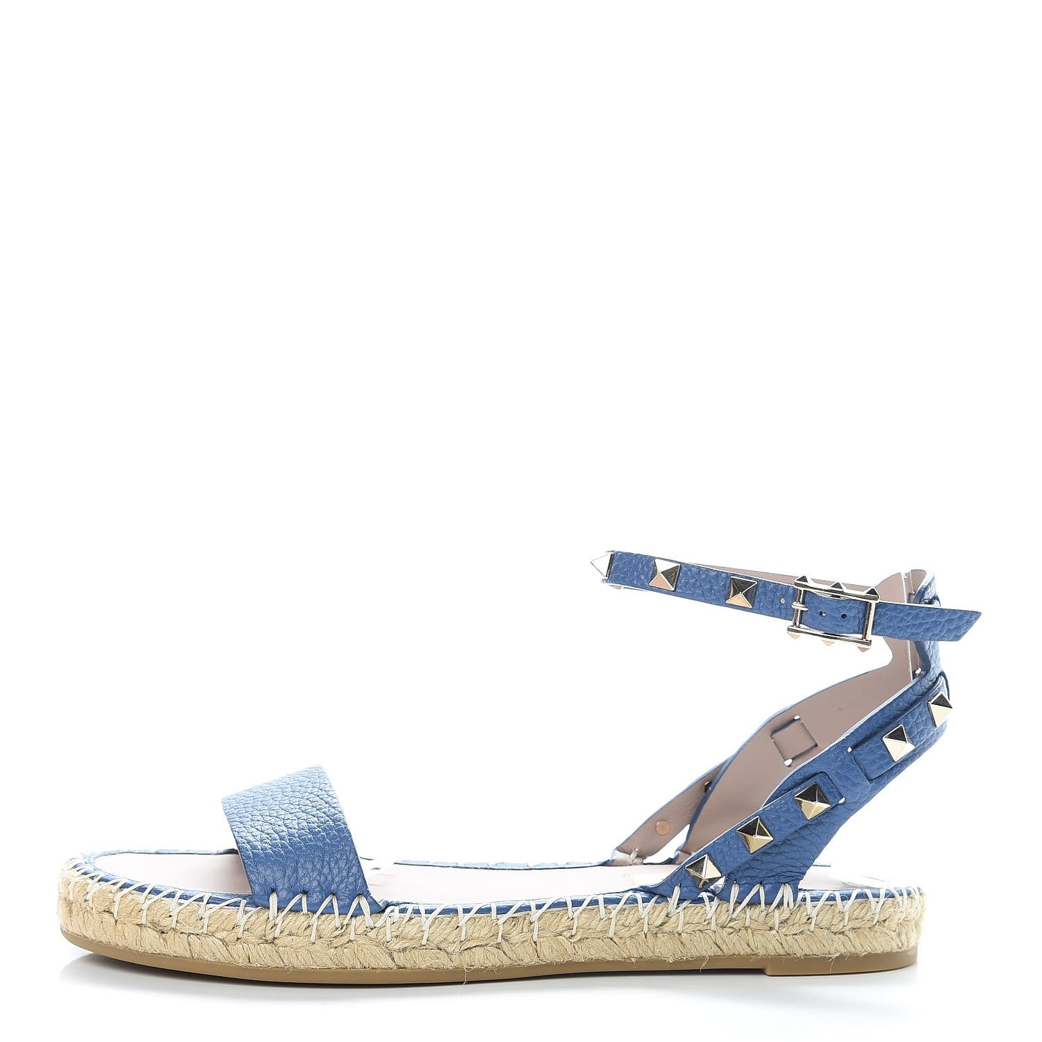 Valentino Garavani Grained Calfskin Rockstud Ankle Strap Espadrille Flat Sandals 37 Baltique 1 of 9
