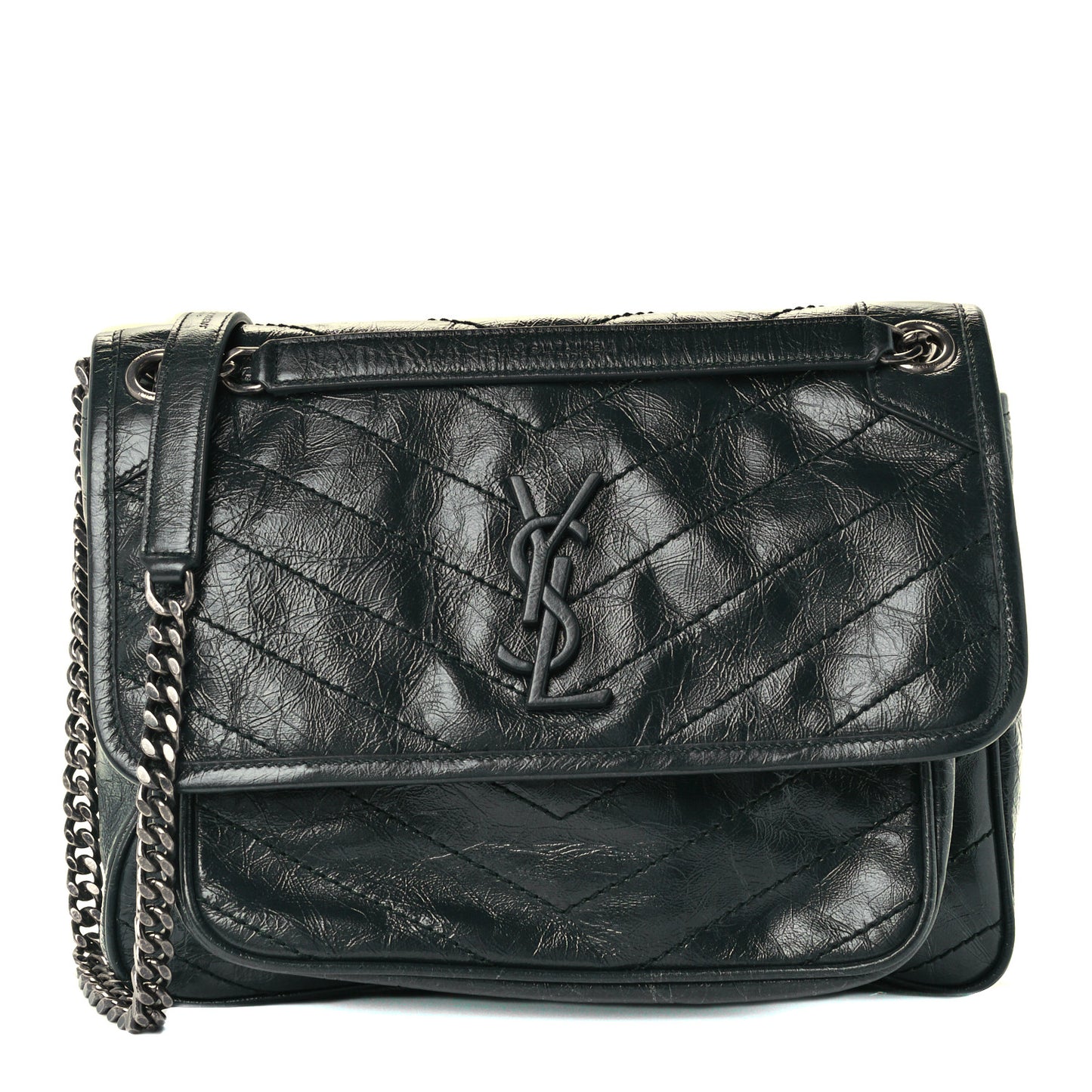 Crinkled Calfskin Matelasse Monogram Medium Niki Chain Satchel Dark Green
