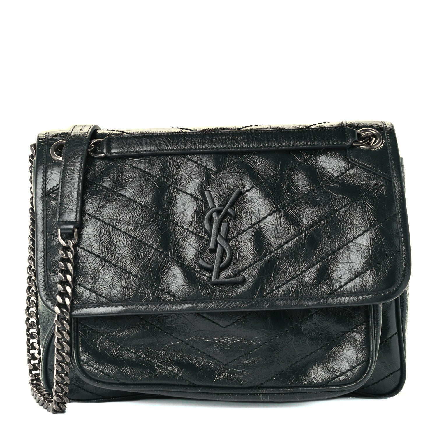 Saint Laurent Crinkled Calfskin Matelasse Monogram Medium Niki Chain Satchel Dark Green 1 of 10