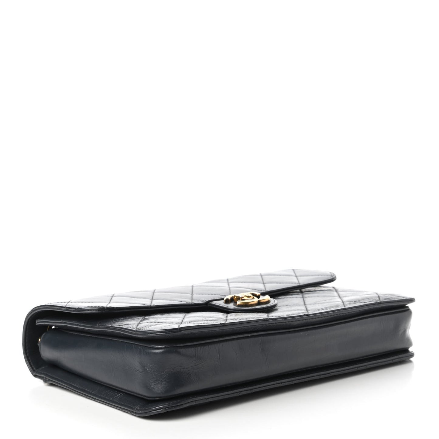 Glazed Calfskin Quilted Large Perfect Edge Flap Navy