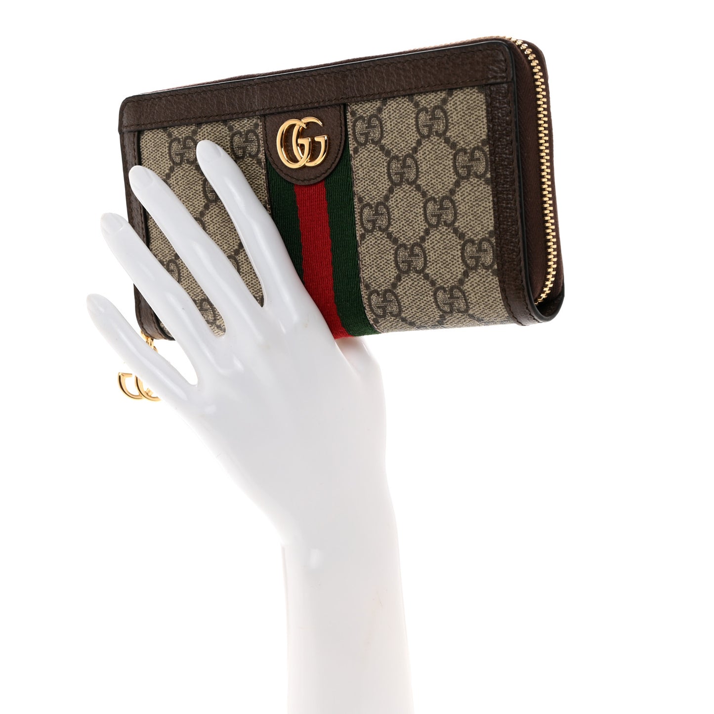 GG Supreme Monogram Web Ophidia Zip Around Wallet Brown