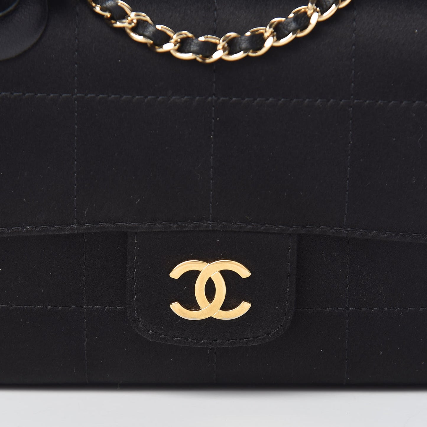 Satin Chocolate Bar Quilted Camellia Rectangular Mini Flap Black