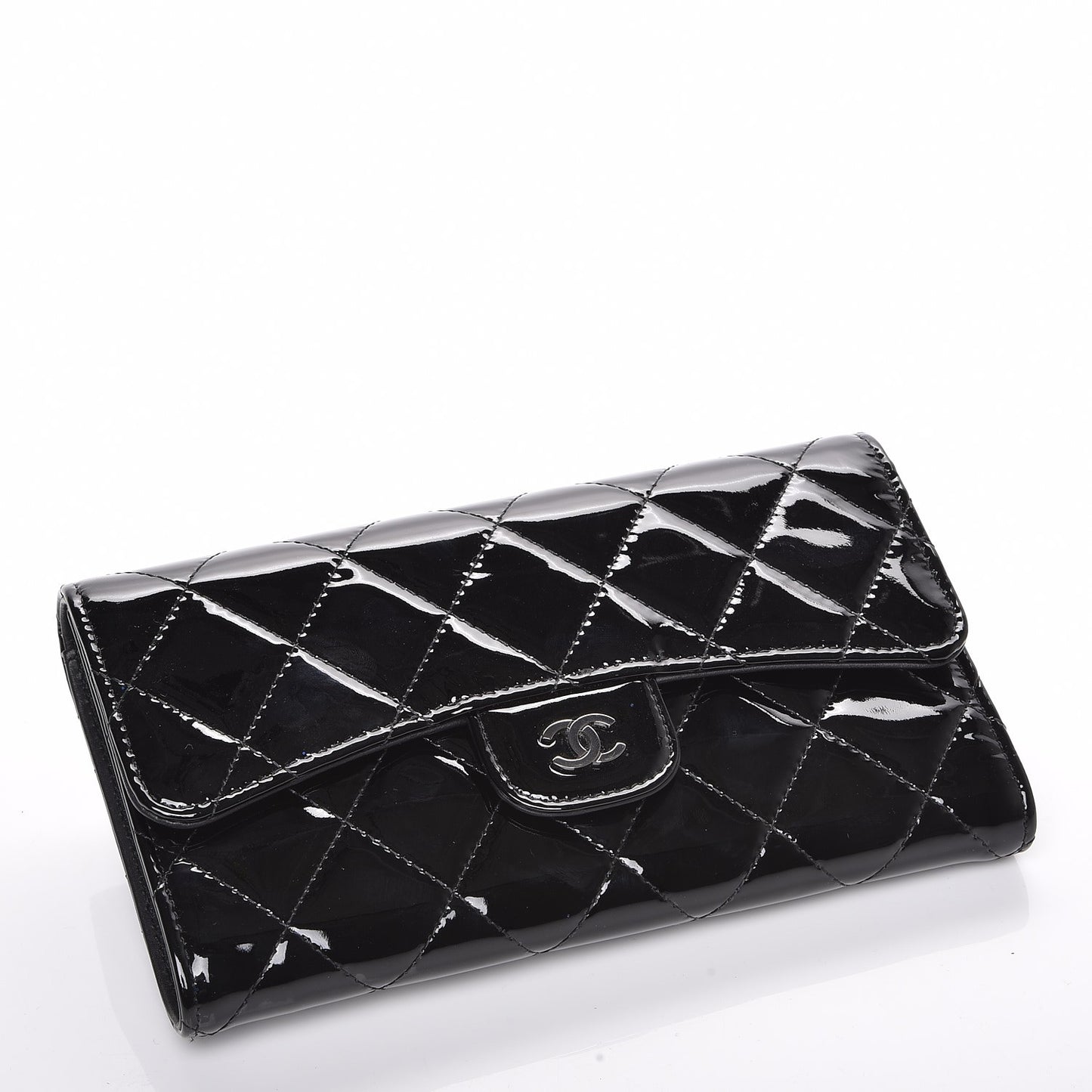Patent Calfskin Quilted Large Flap Wallet Black