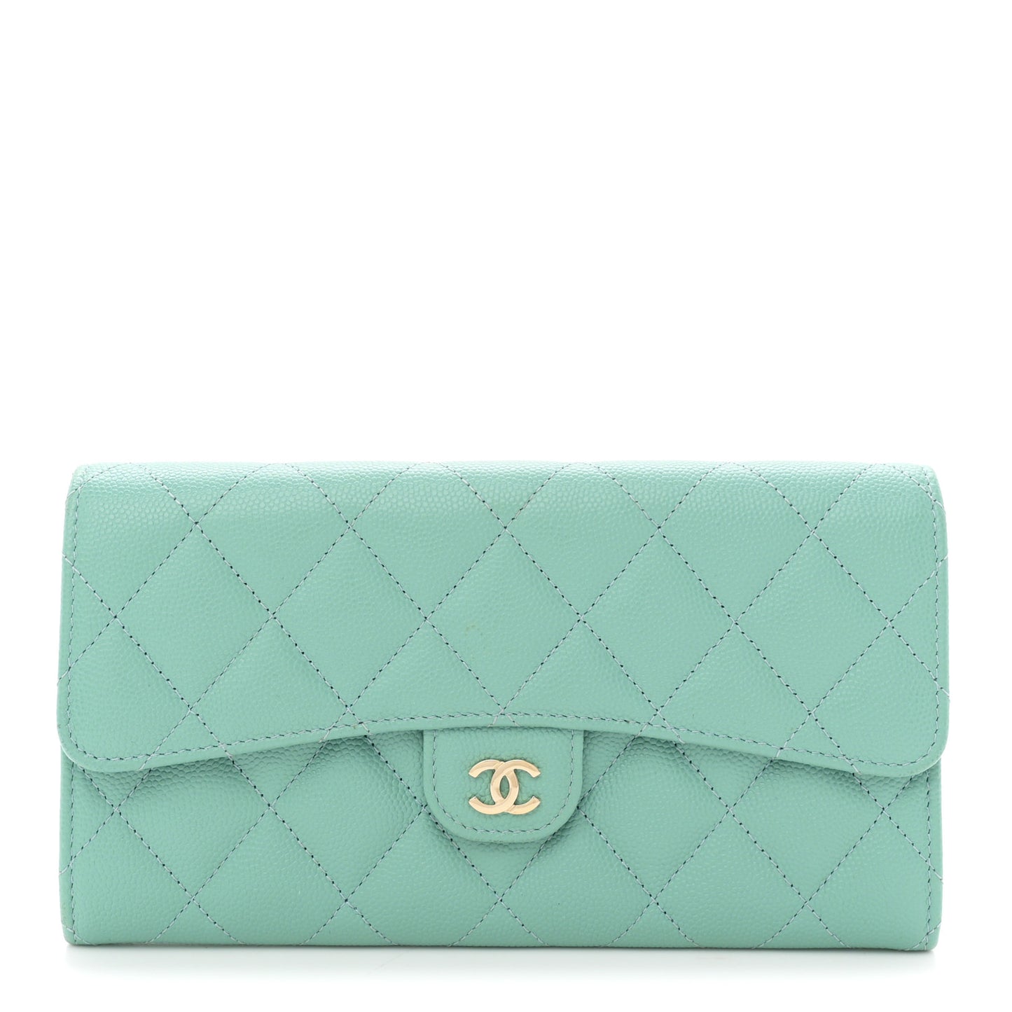 Caviar Quilted Large Gusset Flap Wallet Light Green