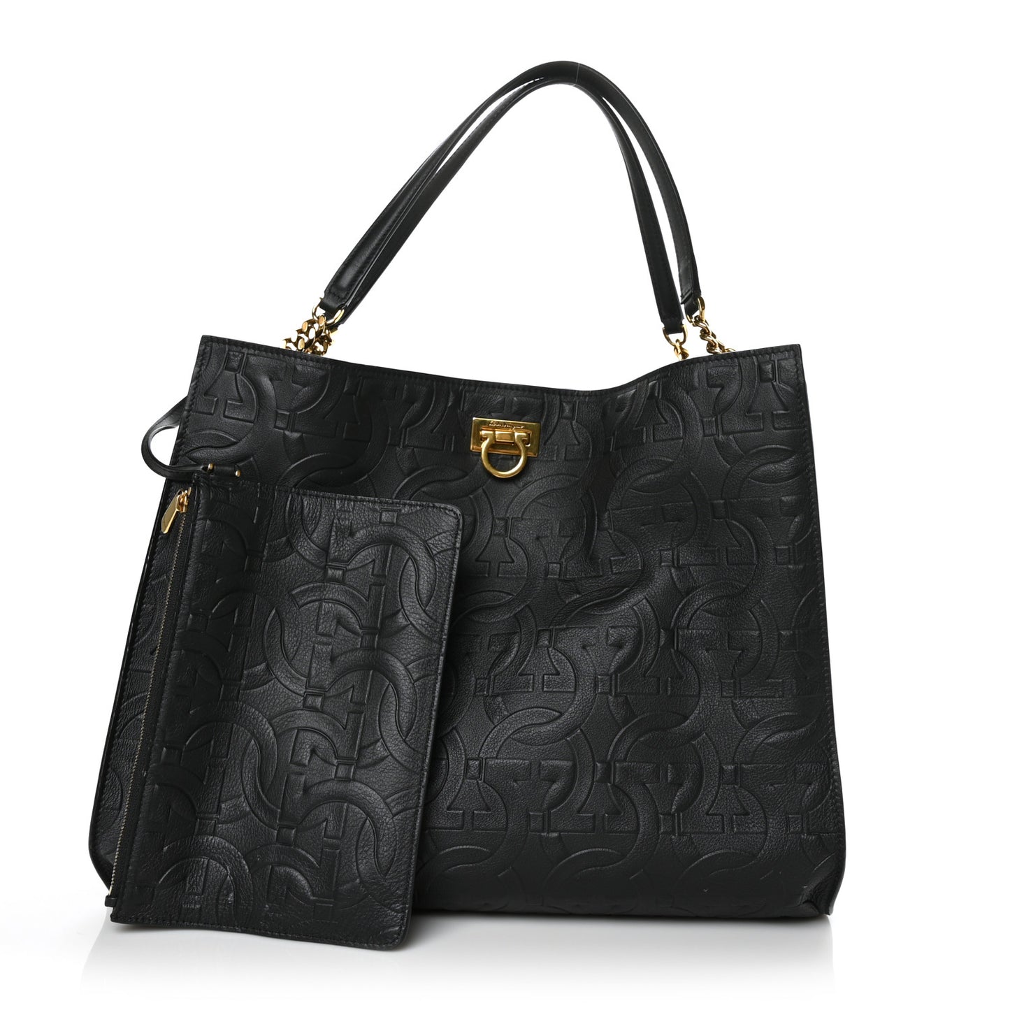 Calfskin Gancini Embossed Trifolio Tote Bag Black
