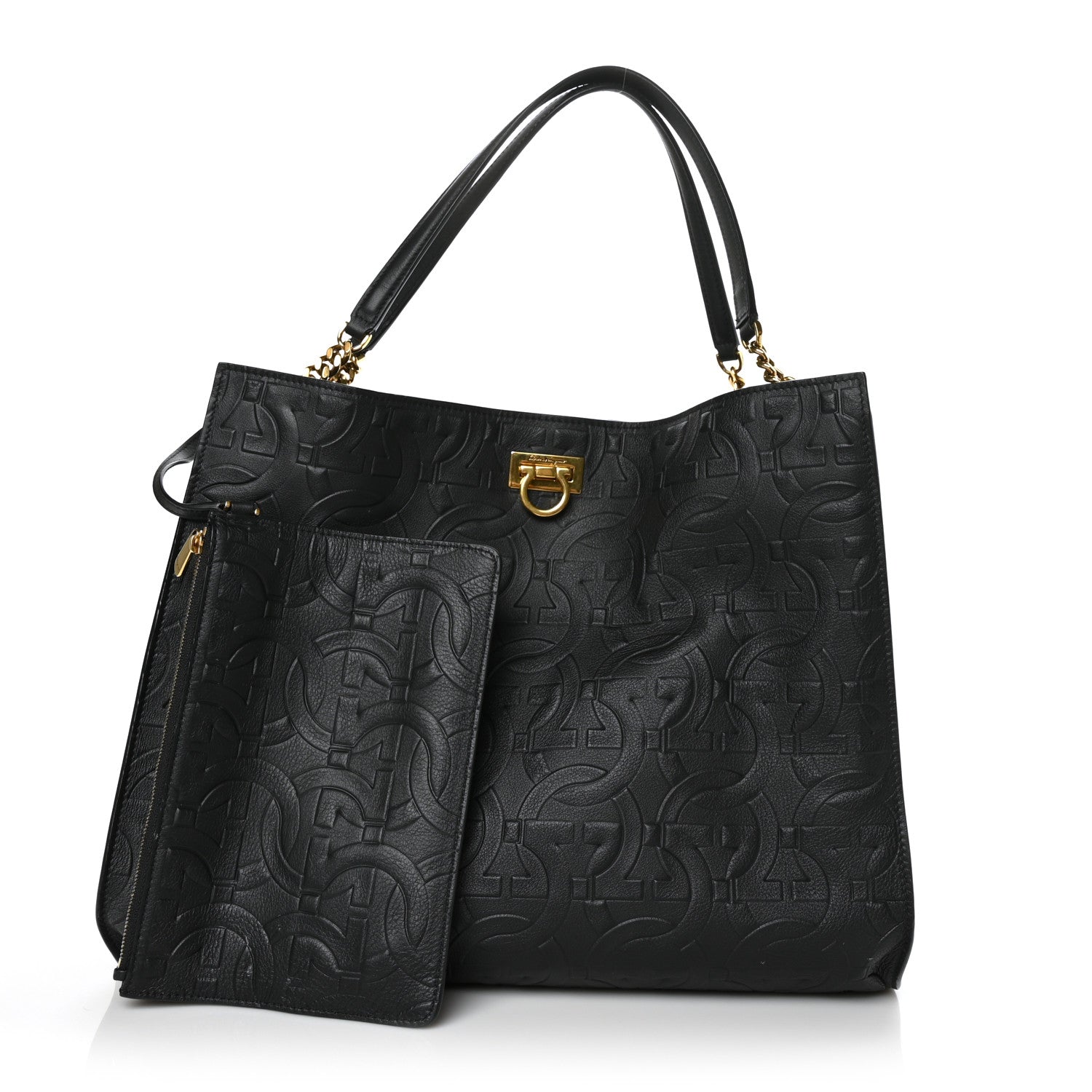 Salvatore Ferragamo Calfskin Gancini Embossed Trifolio Tote Bag Black 2 of 7