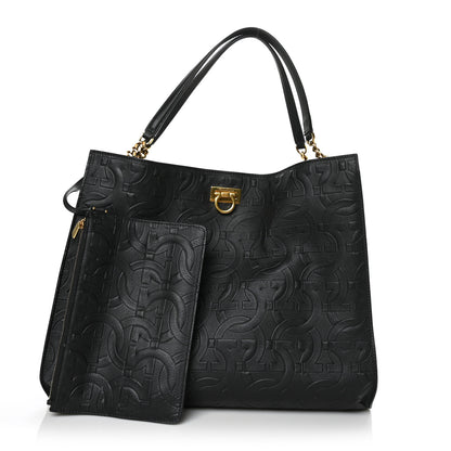 Salvatore Ferragamo Calfskin Gancini Embossed Trifolio Tote Bag Black 2 of 7