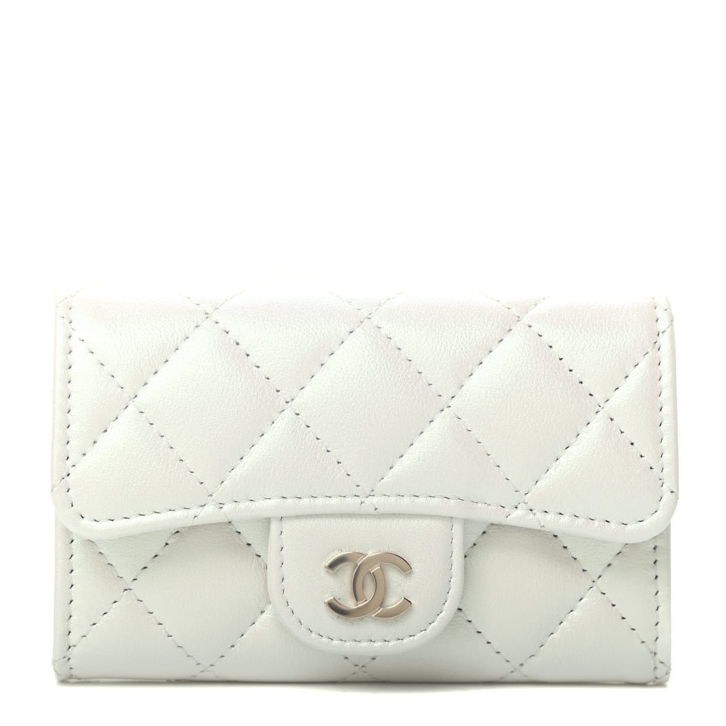 Iridescent Lambskin Quilted Flap Card Holder Wallet Ivory