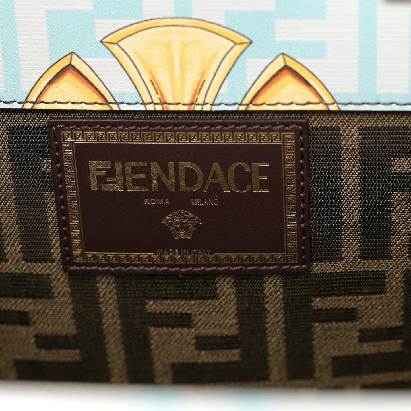 X VERSACE Calfskin Plexiglass Fendace FF Baroque Print Medium Fendi Sunshine Shopper Tote Gold Multicolor