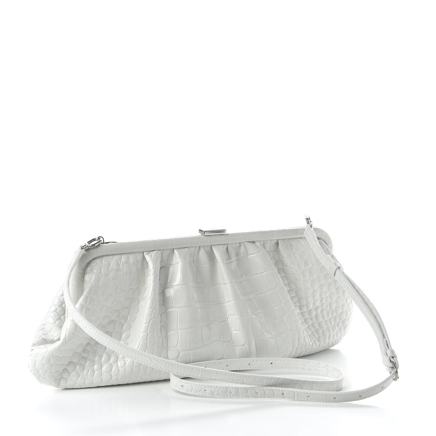 Shiny Supple Calfskin Logo Crocodile Embossed XL Cloud Clutch White