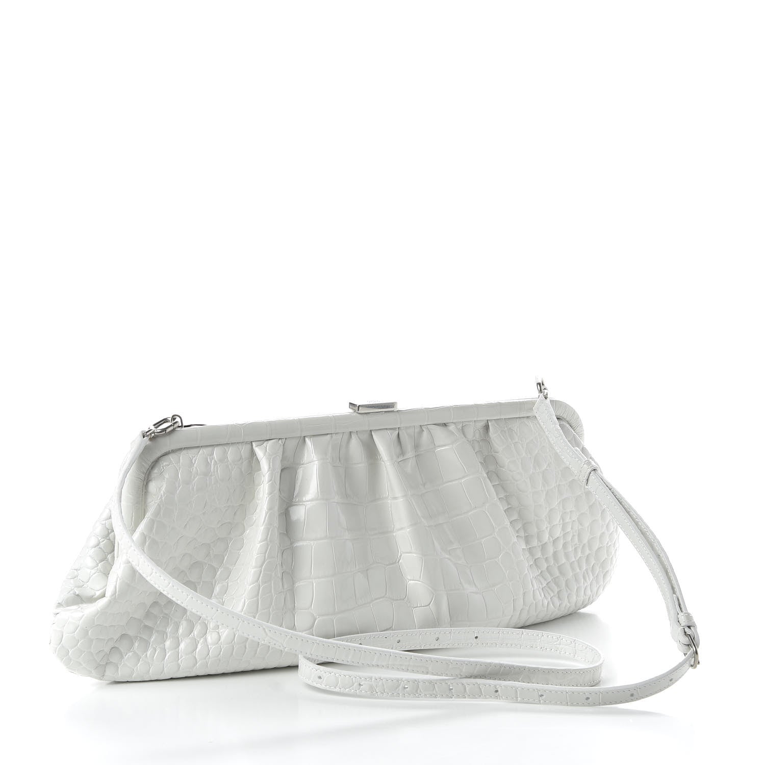 Balenciaga Shiny Supple Calfskin Logo Crocodile Embossed XL Cloud Clutch White 3 of 9