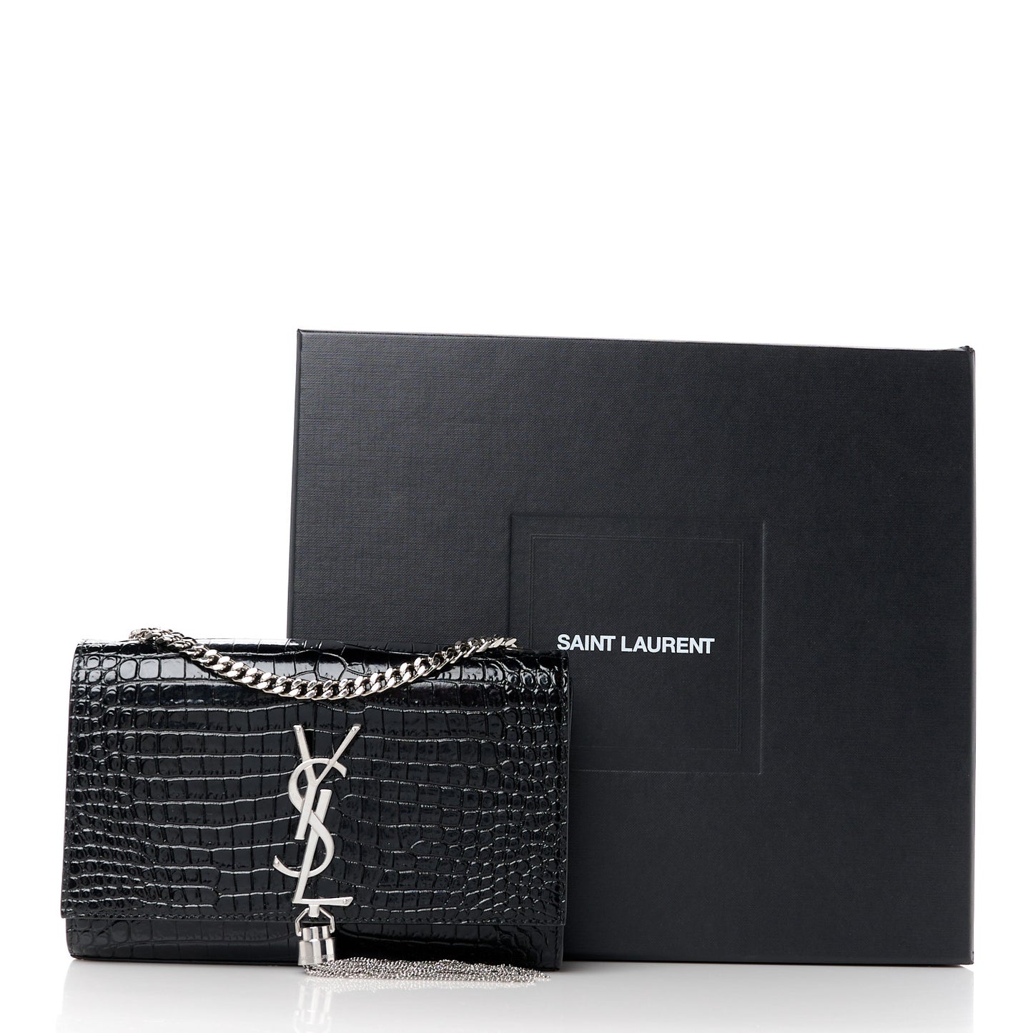 Calfskin Crocodile Embossed Small Classic Monogram Kate Tassel Satchel Black