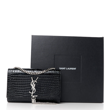 Saint Laurent Calfskin Crocodile Embossed Small Classic Monogram Kate Tassel Satchel Black 12 of 12