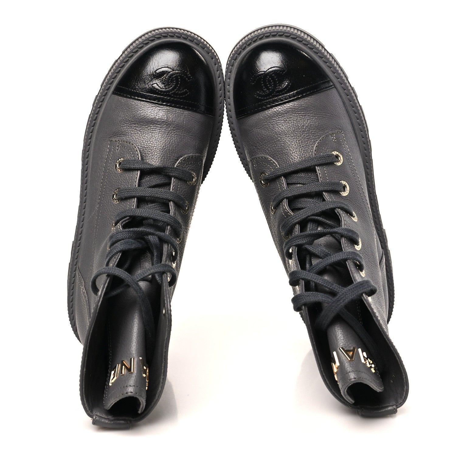 Chanel Grained Calfskin Shiny Calfskin CC Lace Up Combat Boots 39.5 Grey 2 of 10