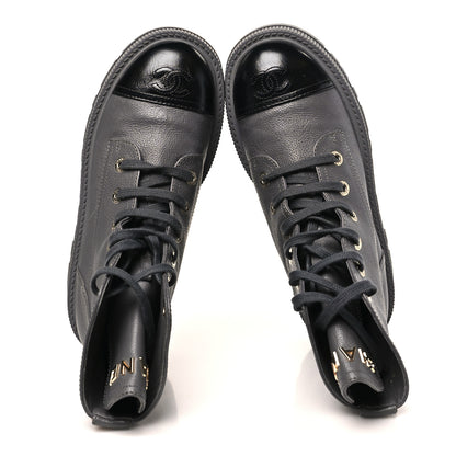 Chanel Grained Calfskin Shiny Calfskin CC Lace Up Combat Boots 39.5 Grey 2 of 10