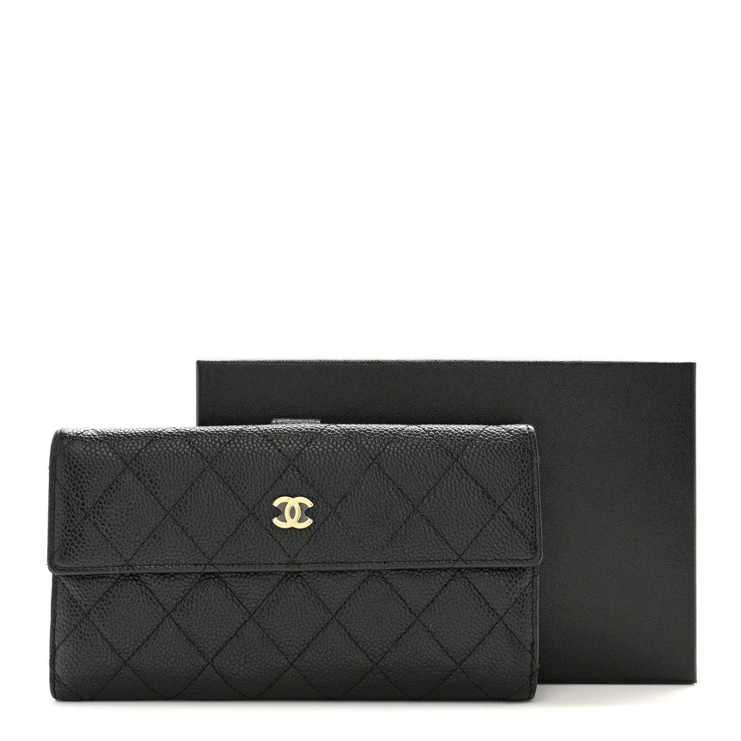 Caviar Quilted Large Gusset Flap Wallet Black