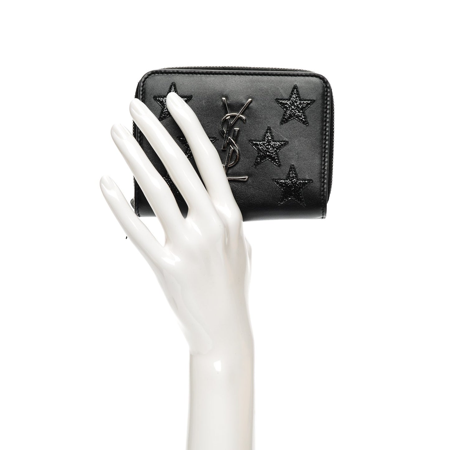 Calfskin Star Embellished Compact Zip Around Wallet Black