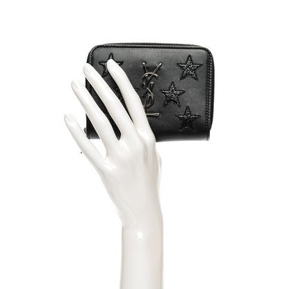 Saint Laurent Calfskin Star Embellished Compact Zip Around Wallet Black 2 of 6