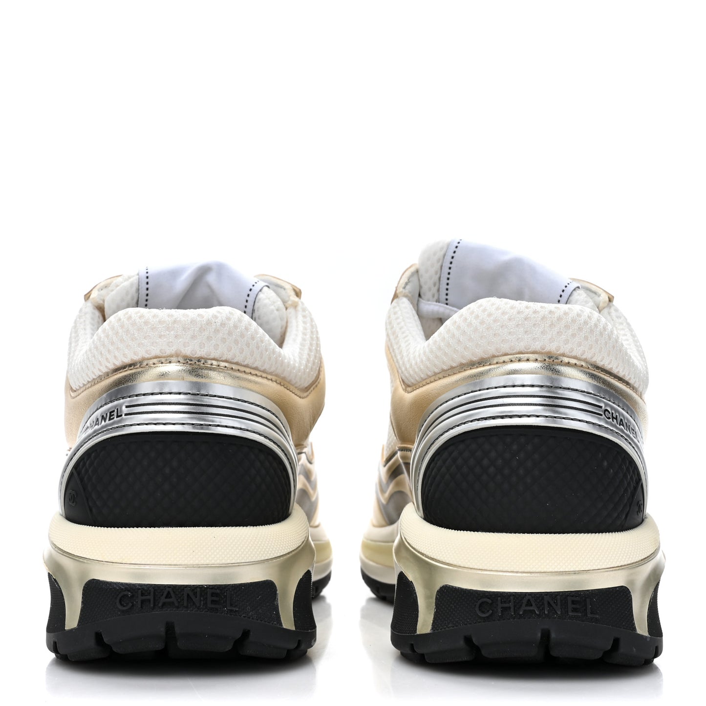 Fabric Laminated Calfskin Stretch CC Womens Sneakers 36 White Gold Silver