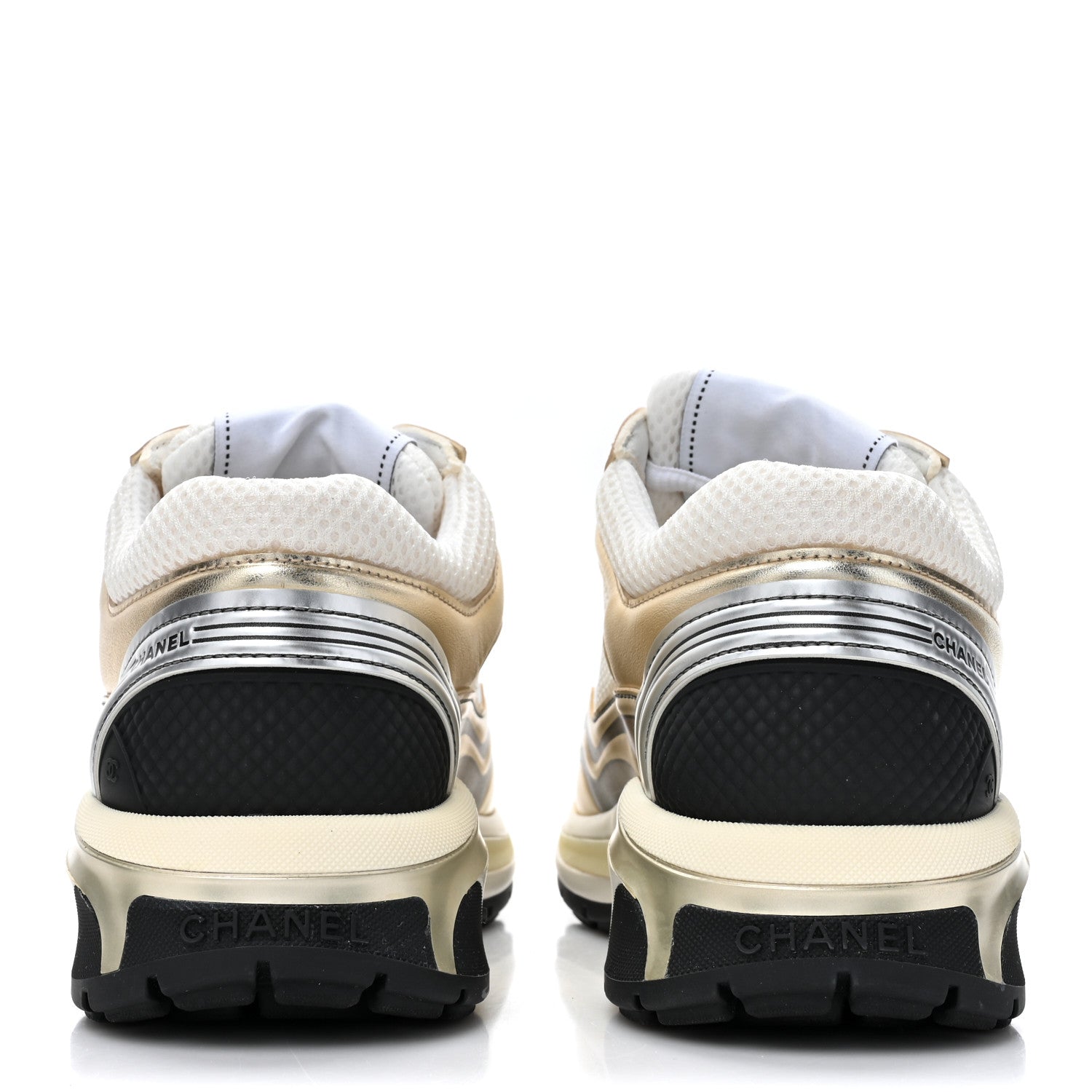 Chanel Fabric Laminated Calfskin Stretch CC Womens Sneakers 36 White Gold Silver 4 of 10