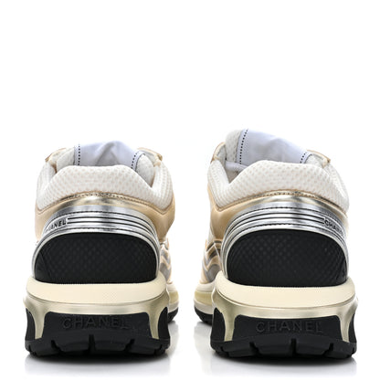 Chanel Fabric Laminated Calfskin Stretch CC Womens Sneakers 36 White Gold Silver 4 of 10