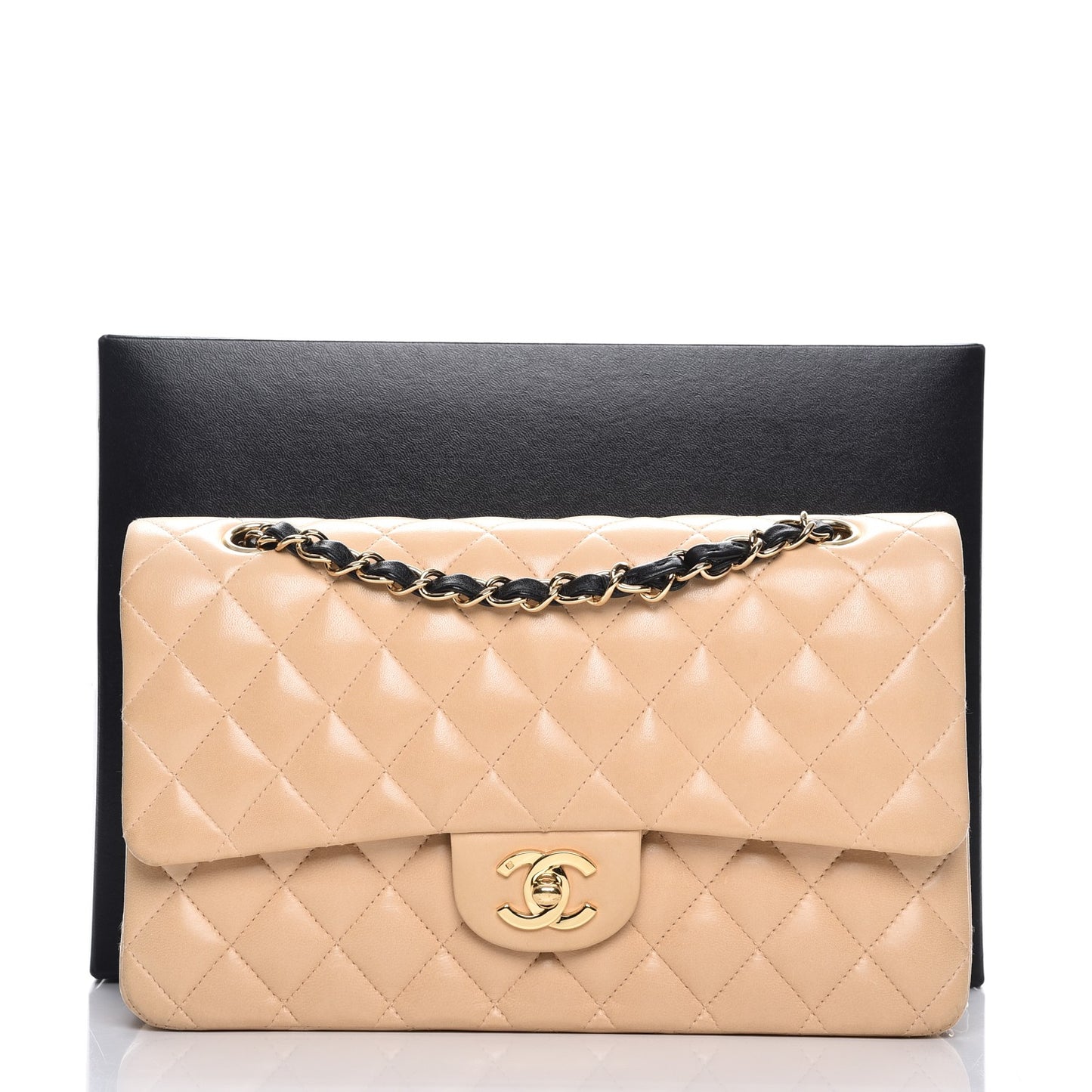 Lambskin Quilted Medium Double Flap Beige Black