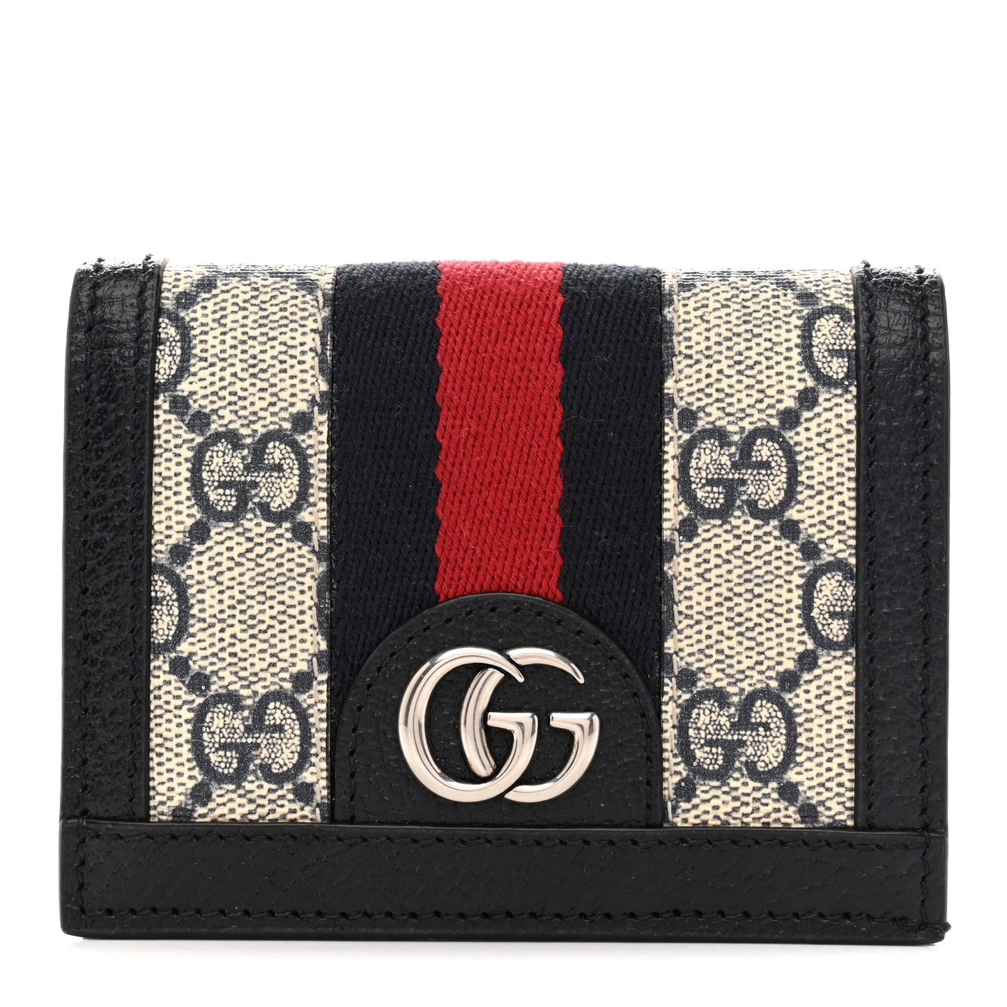 GG Supreme Monogram Textured Dollar Calfskin Web Ophidia Card Case Beige Blue