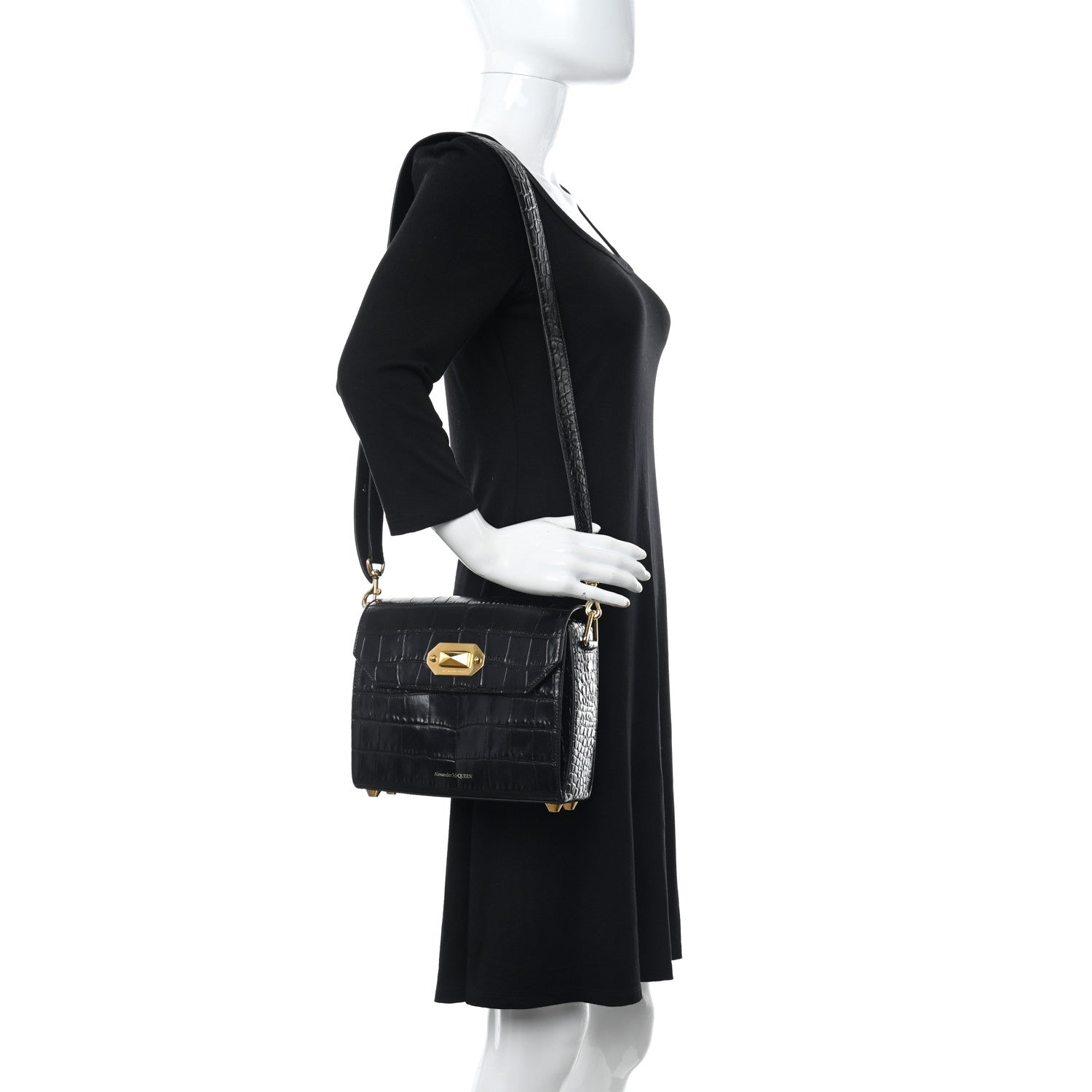 Alexander McQueen Calfskin Crocodile Embossed Box Shoulder Bag 21 Black 2 of 9