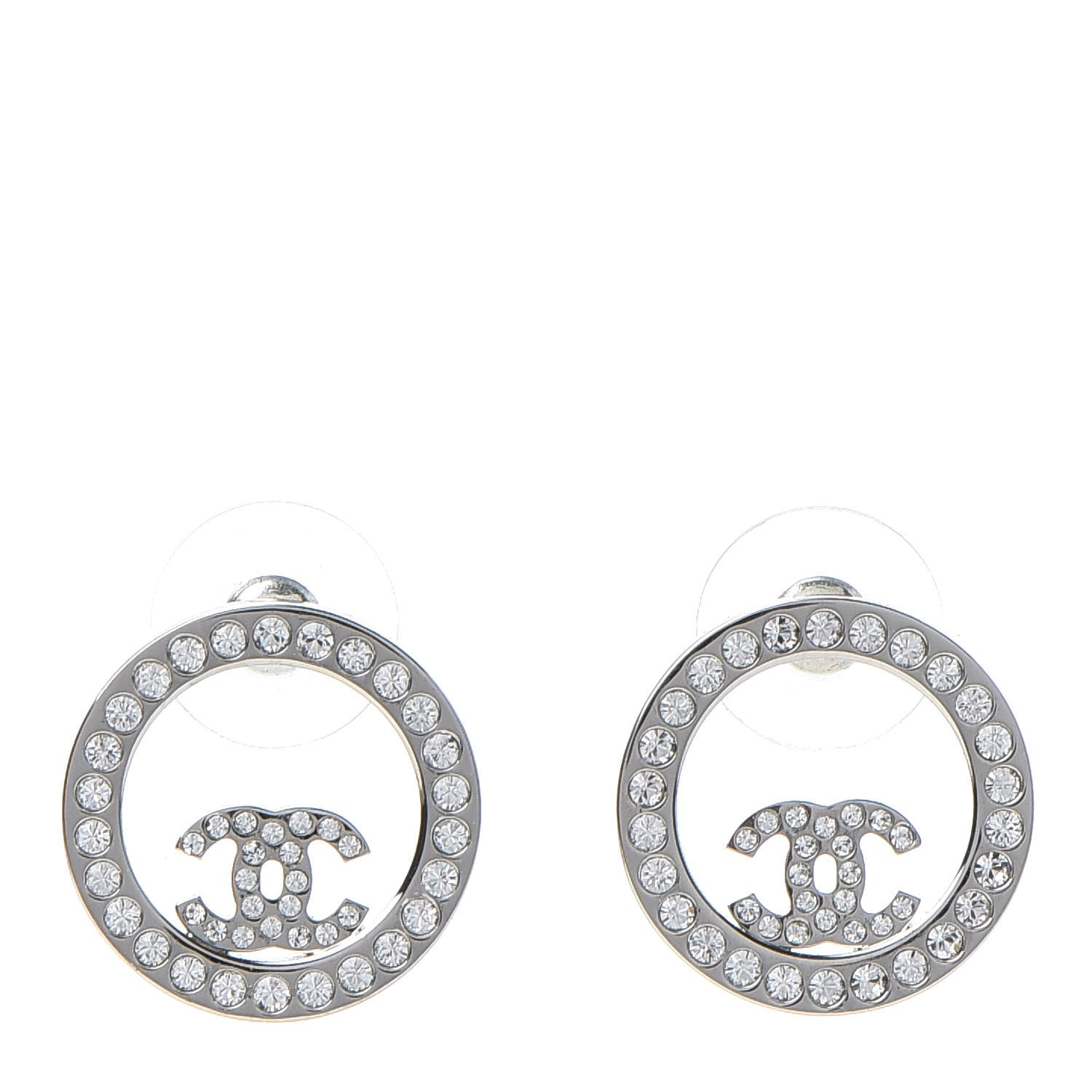 Chanel Crystal CC Round Earrings Silver 1 of 5