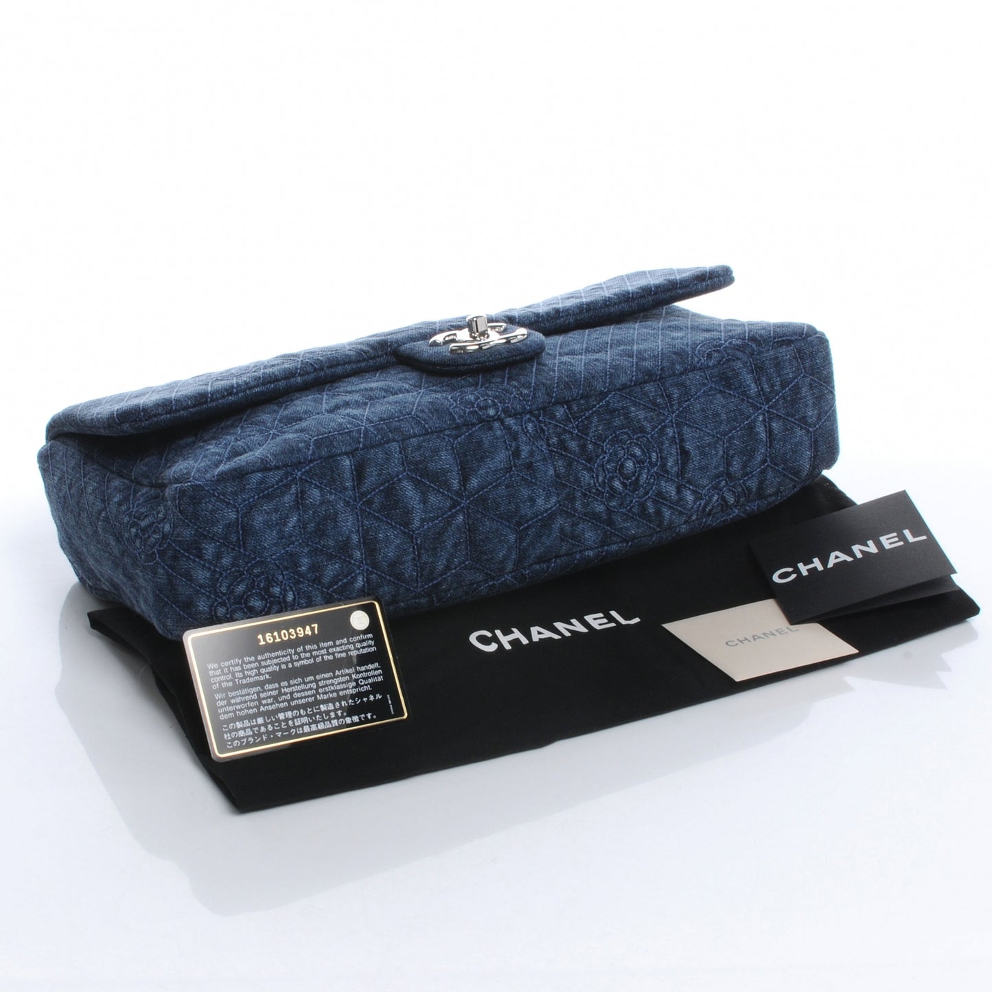 Denim Camellia Embroidered Large Flap Dark Blue