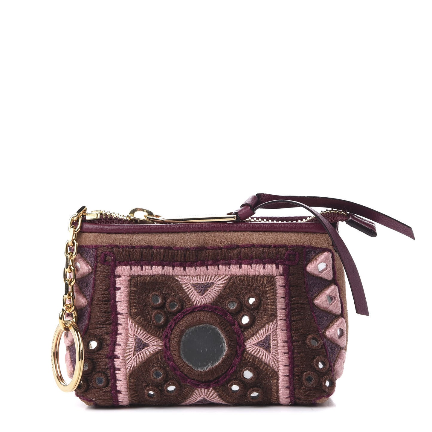 Suede Mirror Embroidered Key Pouch Multicolor