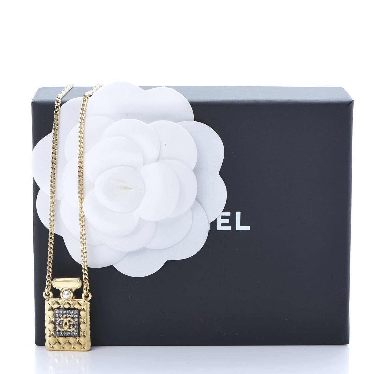 Crystal Pearl Perfume Bottle CC Necklace Black Gold