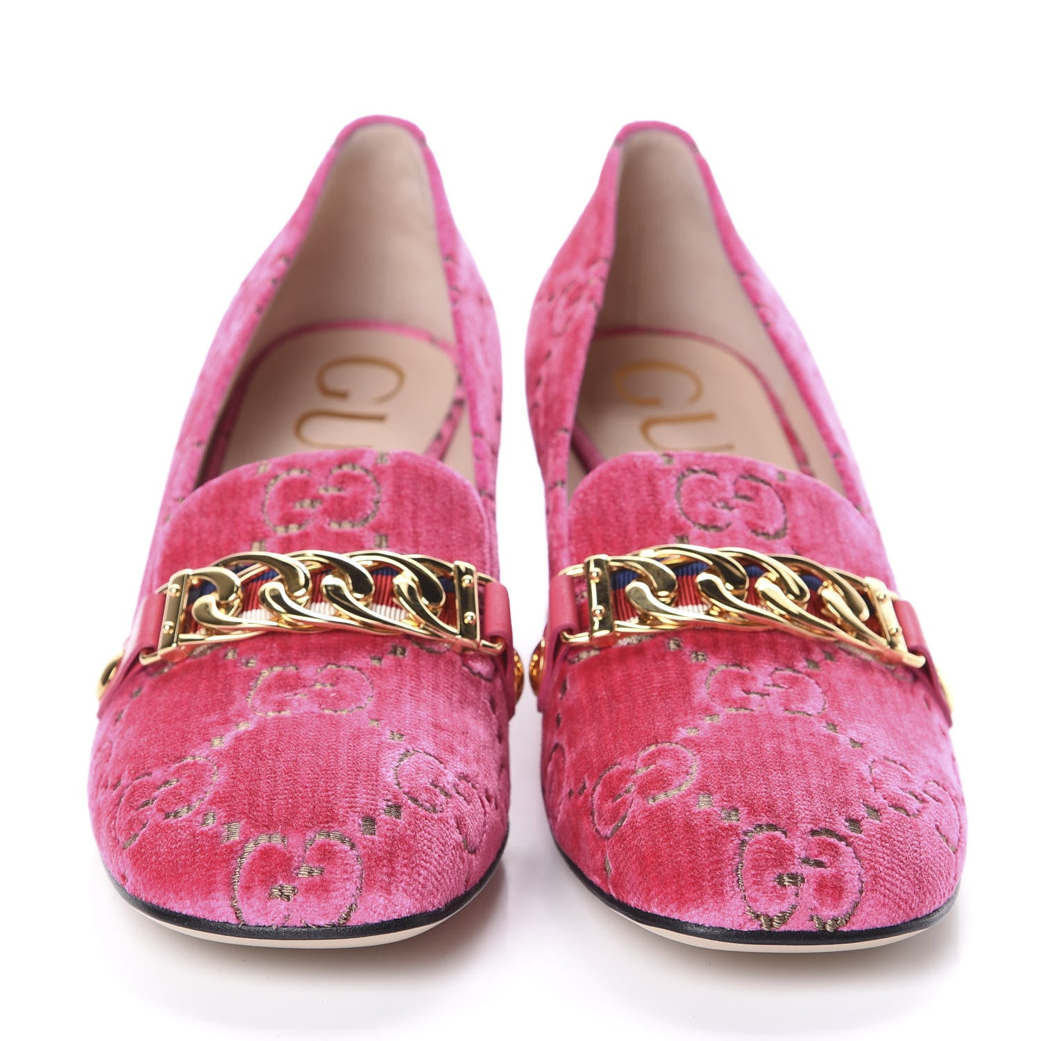 Gucci Velvet GG Monogram Sylvie Web Chain Mid Heel Loafers 37.5 Bright Pink 2 of 7