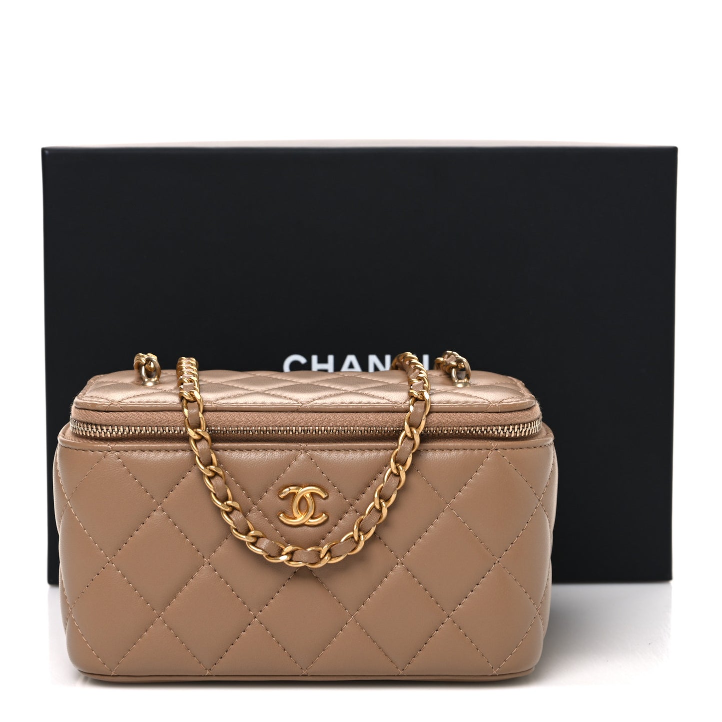 Lambskin Quilted Pearl Crush Small Vanity Case With Chain Beige