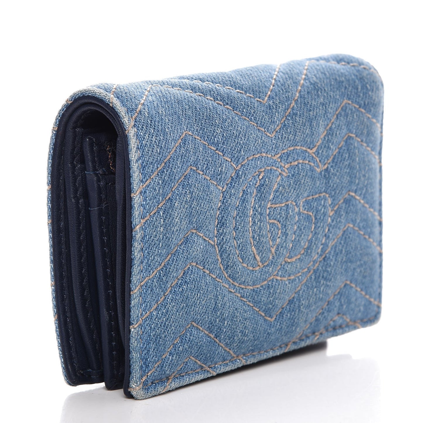 Denim Matelasse Pearly GG Marmont Card Case Wallet Blue