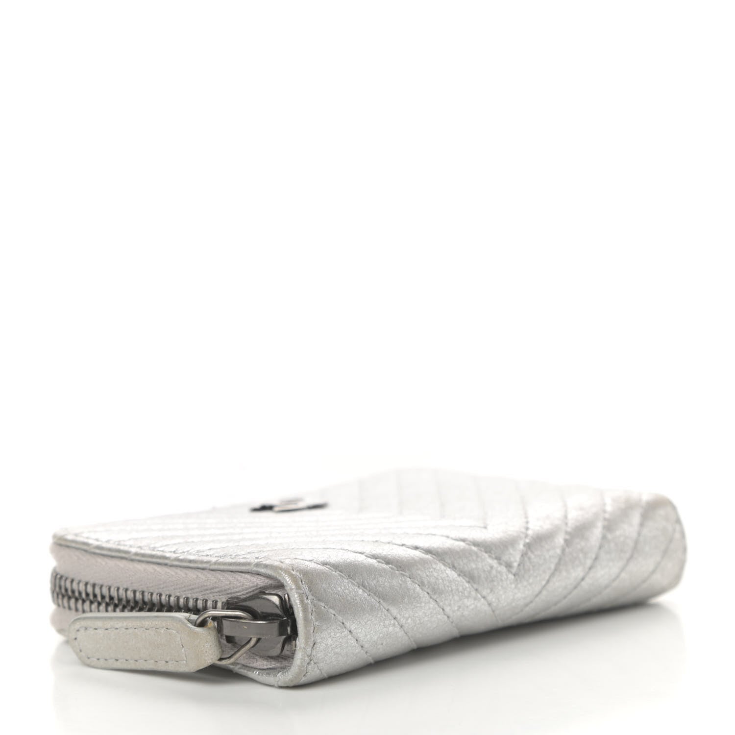 Chanel Metallic Lambskin Chevron Quilted Zip Coin Purse Silver 4 of 8