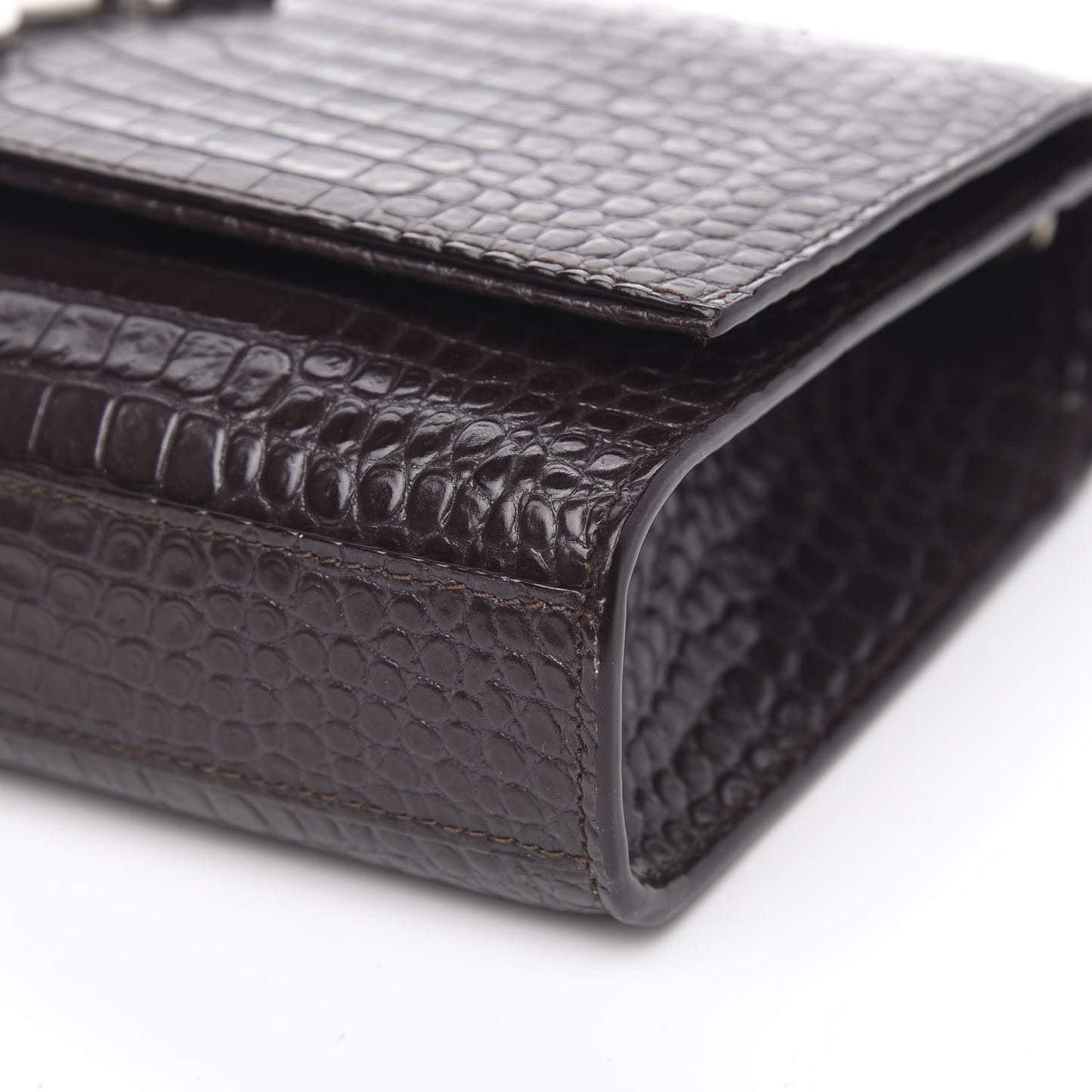 Calfskin Crocodile Embossed Medium Classic Monogram Kate Tassel Satchel Dark Brown