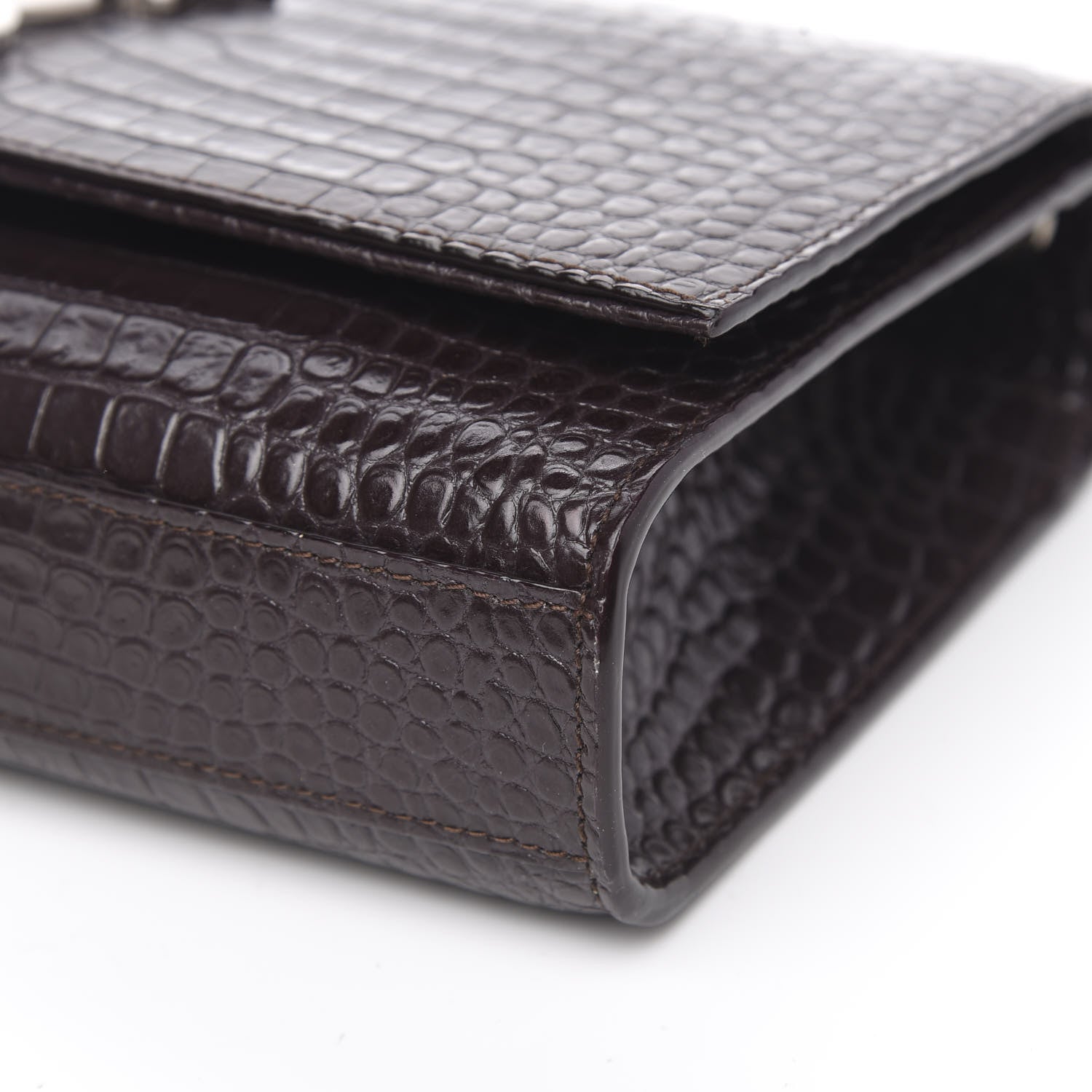 Saint Laurent Calfskin Crocodile Embossed Medium Classic Monogram Kate Tassel Satchel Dark Brown 9 of 10