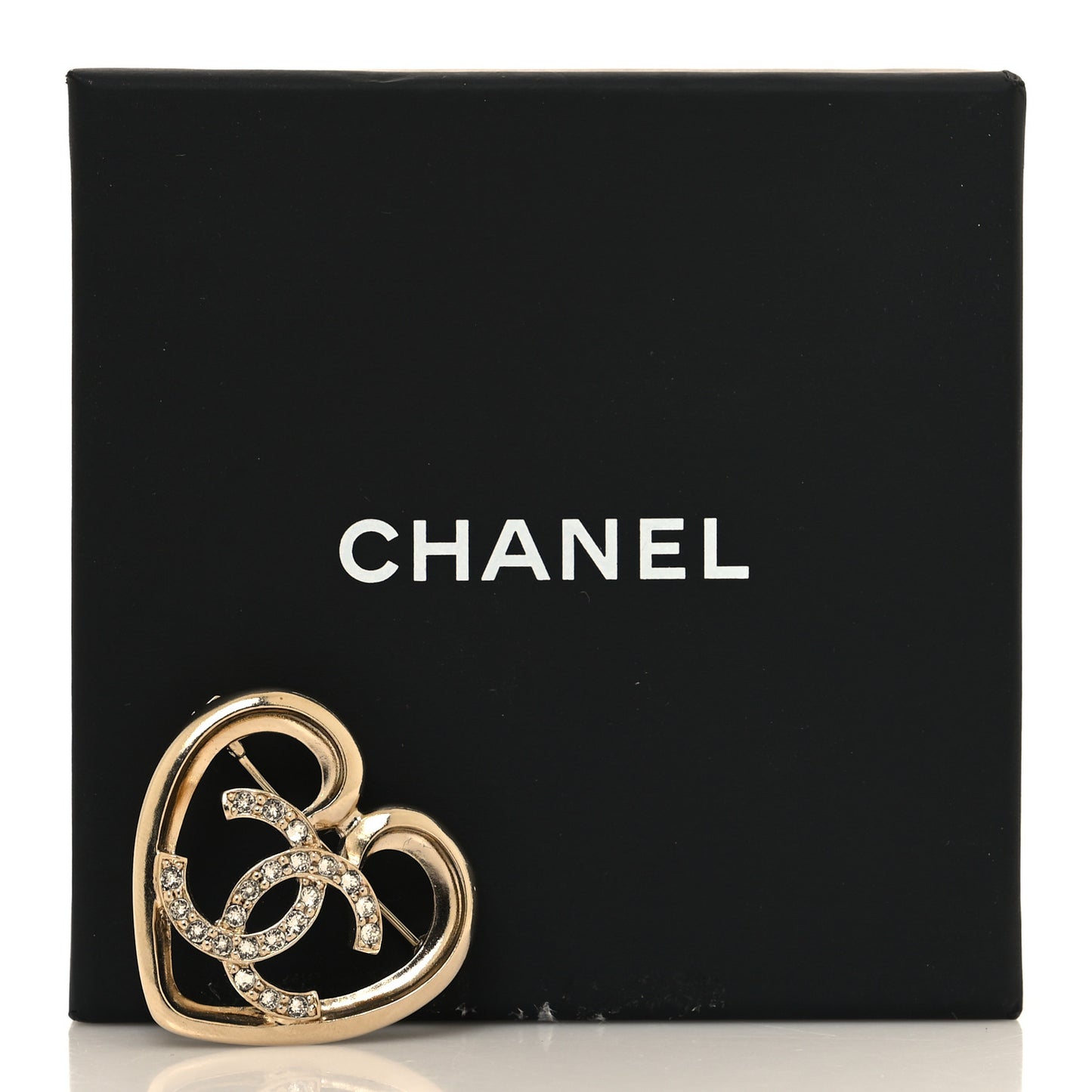 Metal Crystal CC Logo Heart Brooch Gold