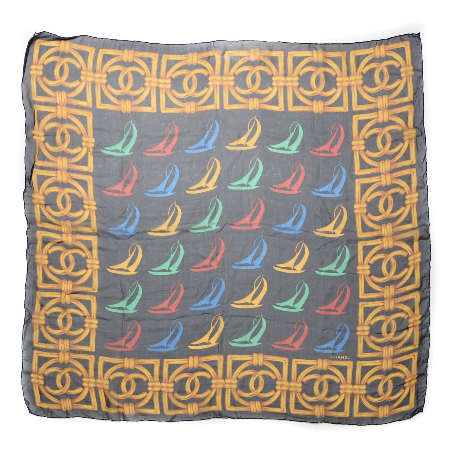 Silk Chiffon Sailboat Scarf Navy