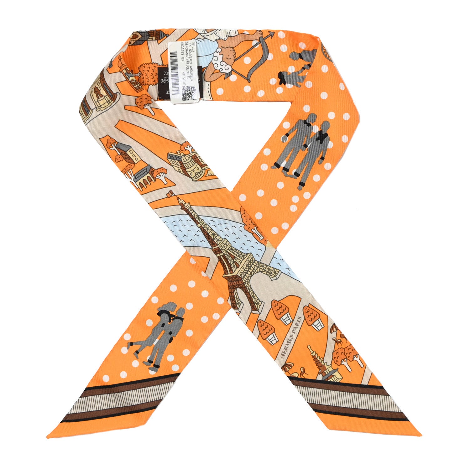 Hermes Silk Les Nouveaux Amoureux de Paris Twilly Orange Ciel Beige 1 of 8