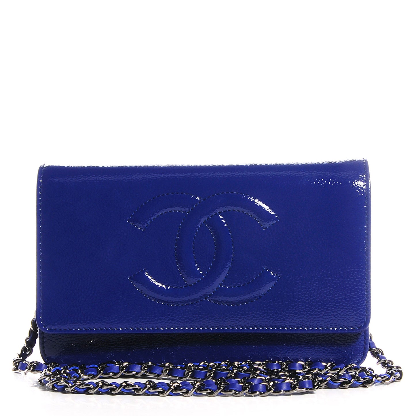 Grained Patent Calfskin Timeless Wallet On Chain WOC Blue