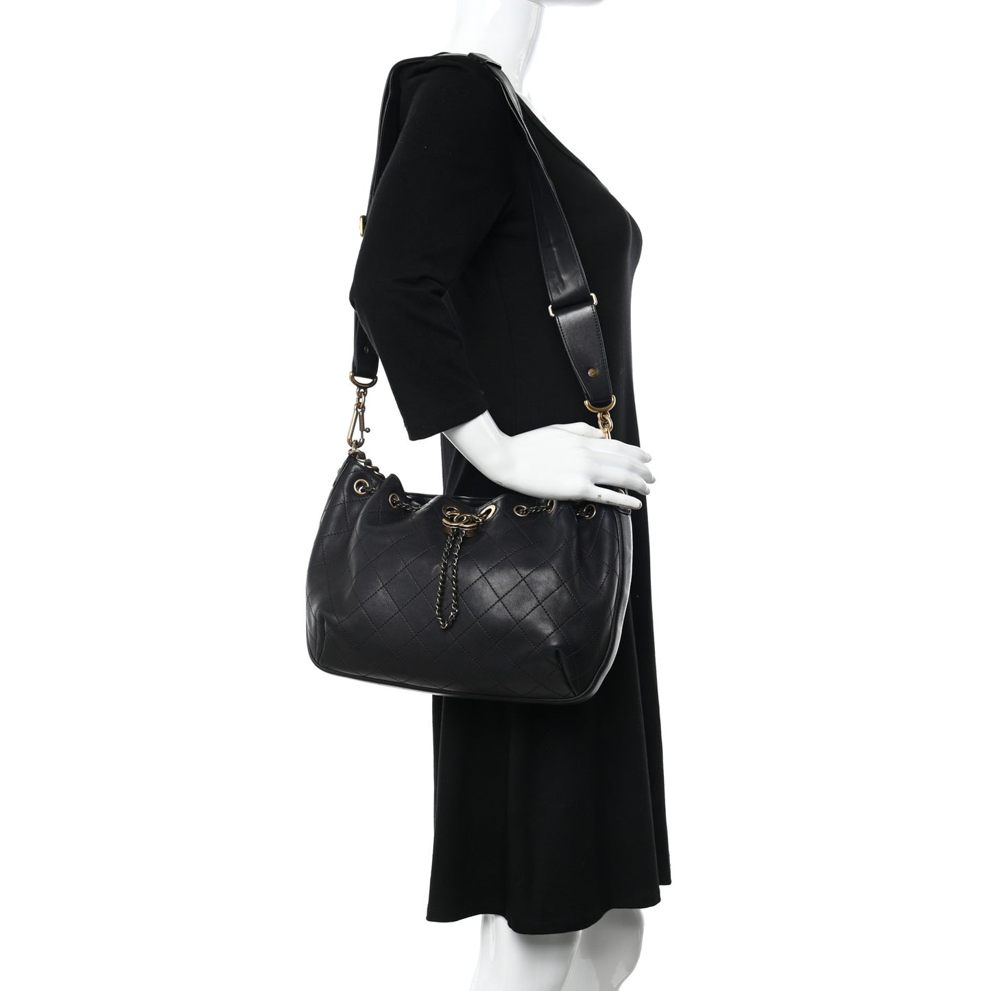 Calfskin Stitched Small Paris Rome Drawstring CC Bag Black