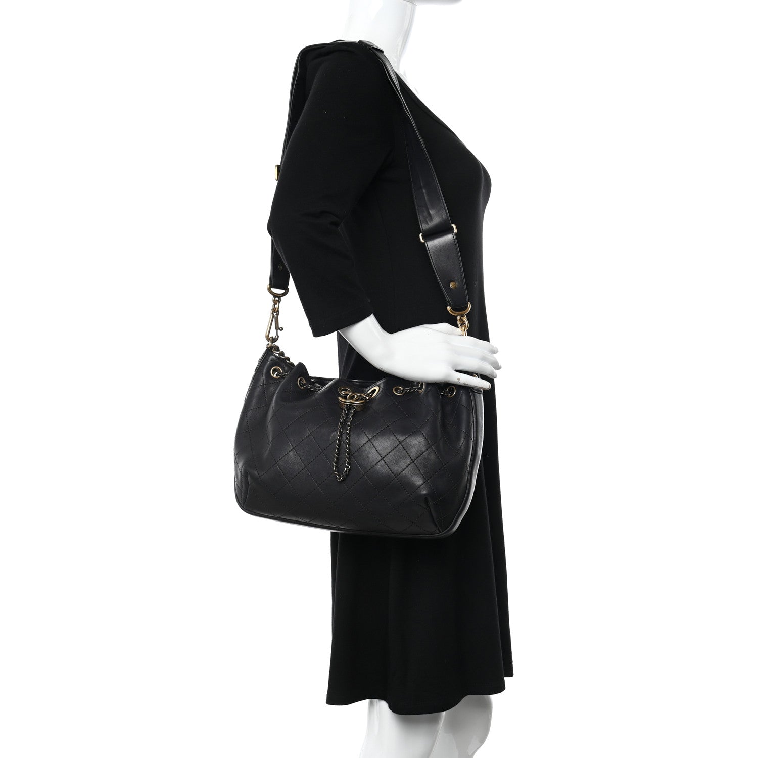 Chanel Calfskin Stitched Small Paris Rome Drawstring CC Bag Black 2 of 19