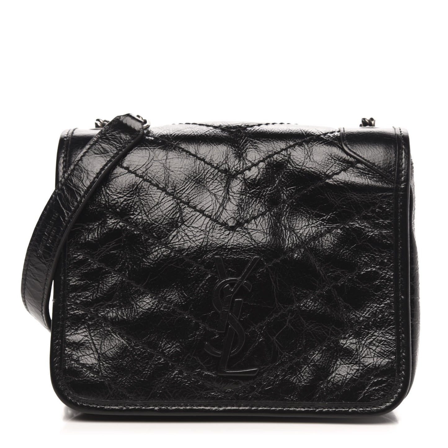 Crinkled Calfskin Matelasse Monogram Niki Chain Wallet Black
