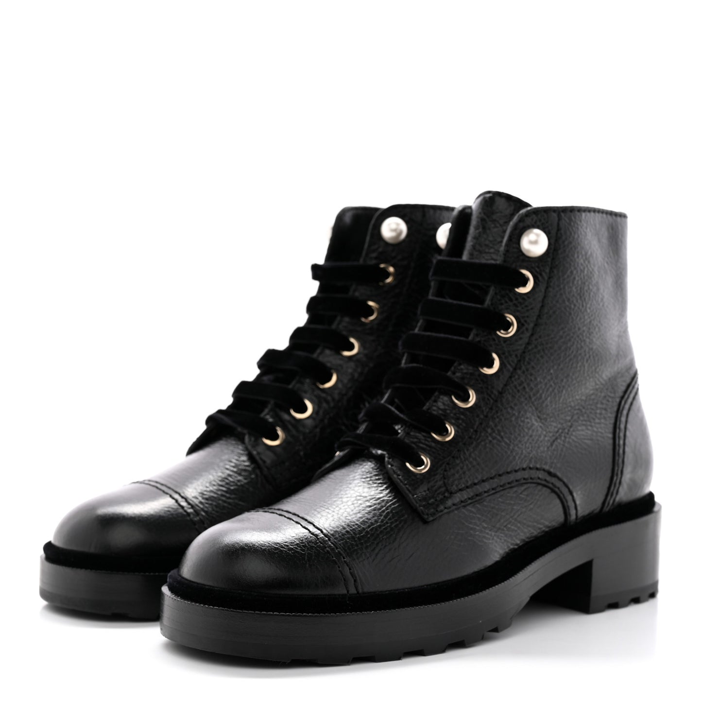 Shiny Calfskin Velvet Pearl Combat Short Boots 38 Black
