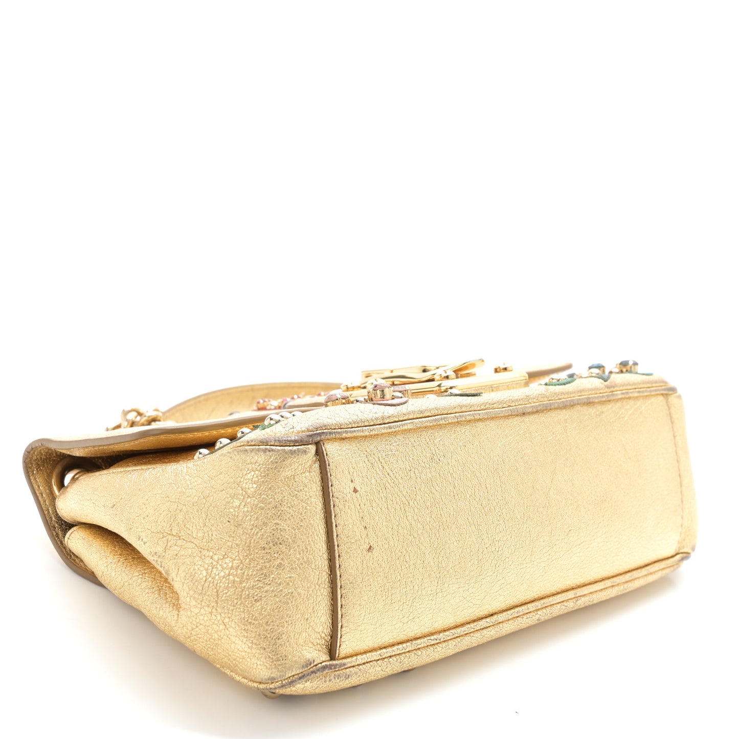 DOLCE & GABBANA Metallic Calfskin Crystal Embellished Lucia Shoulder Bag Gold Multicolor