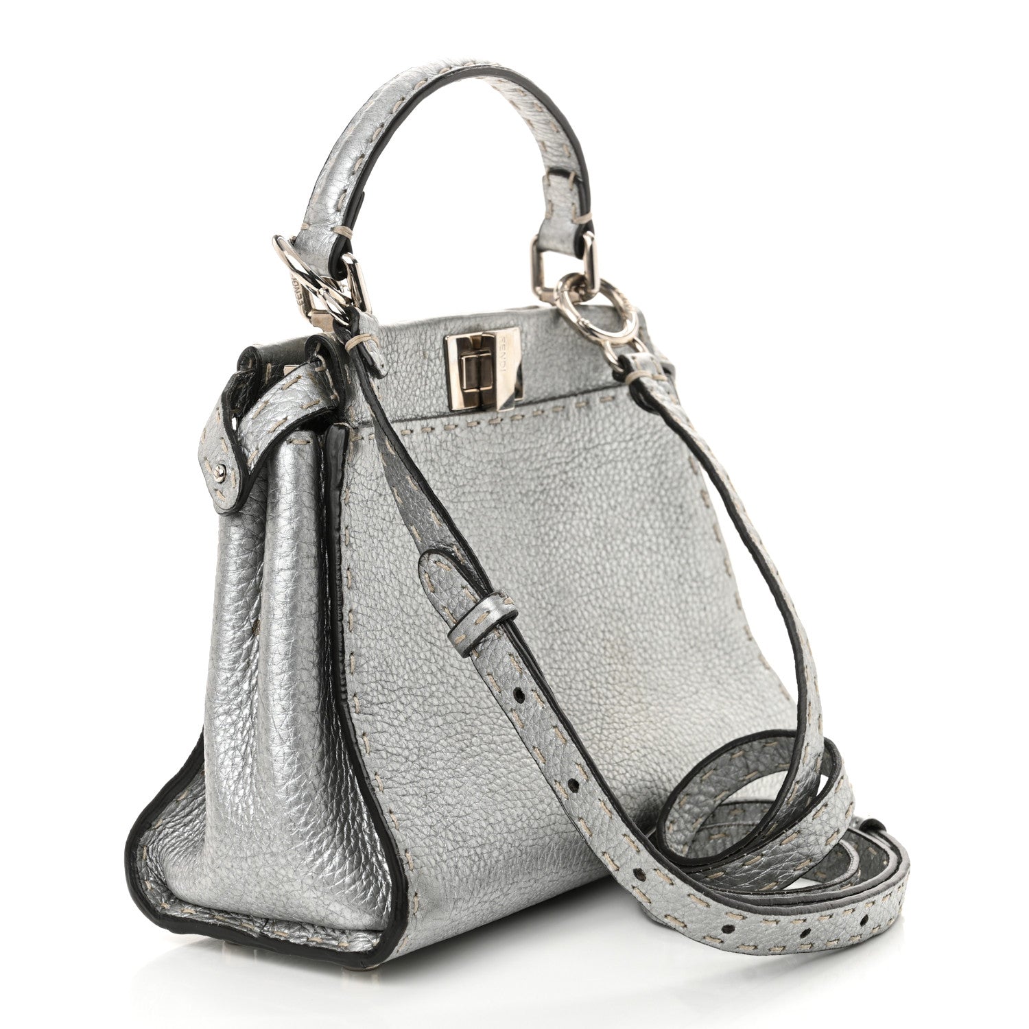 Fendi Cuoio Romano Lux Selleria Mini Peekaboo Iconic Satchel Argento 3 of 13