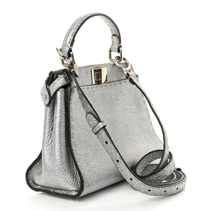 Fendi Cuoio Romano Lux Selleria Mini Peekaboo Iconic Satchel Argento 3 of 13